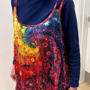 Double-strap swing style tank top with brilliantly-colored floral design, 1X to